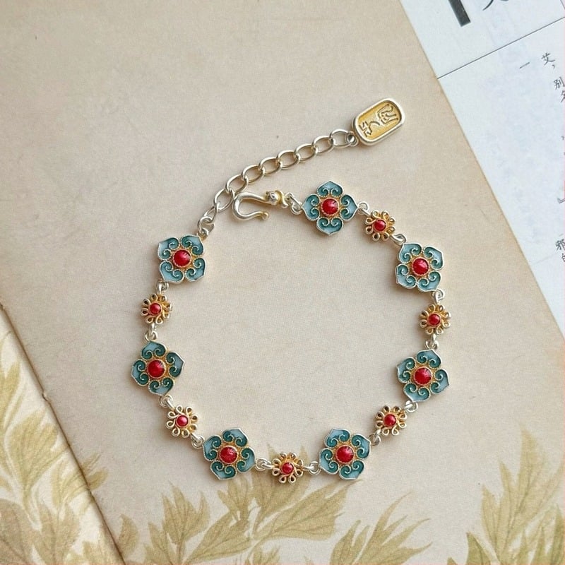 Brățară cu floare emailată, design cu patru foi, cupru alb placat cu argint, stil Nou Chinezesc, bijuterii pentru femei