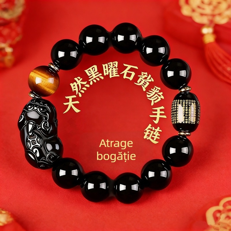 Brățară Pixiu din obsidian cu mărgele, unisex, lustruită, brand Lucky bead, pentru anul nașterii