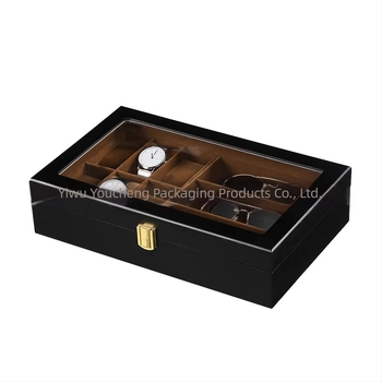 Cutie din lemn pentru ceasuri și ochelari, interior plush, finisaj exterior mat, 6+3 compartimente.
