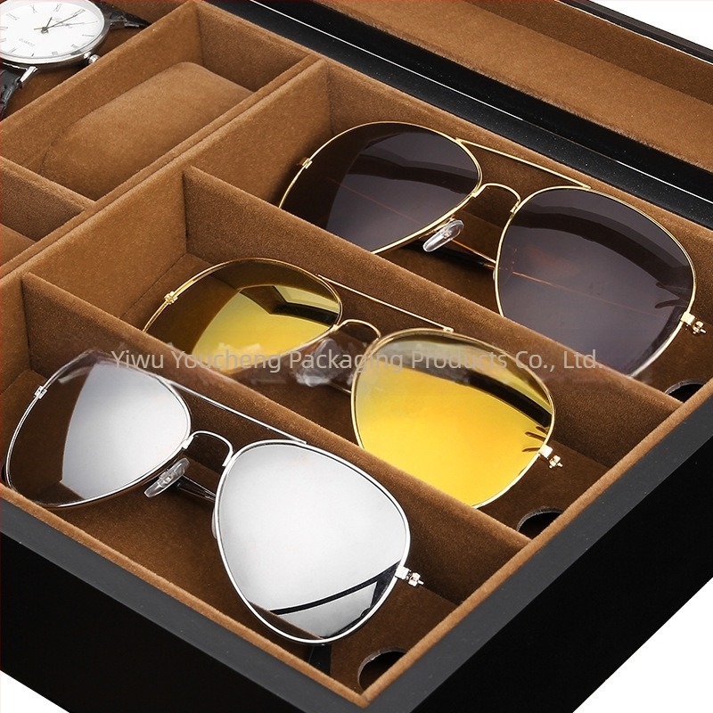 Cutie din lemn pentru ceasuri și ochelari, interior plush, finisaj exterior mat, 6+3 compartimente.