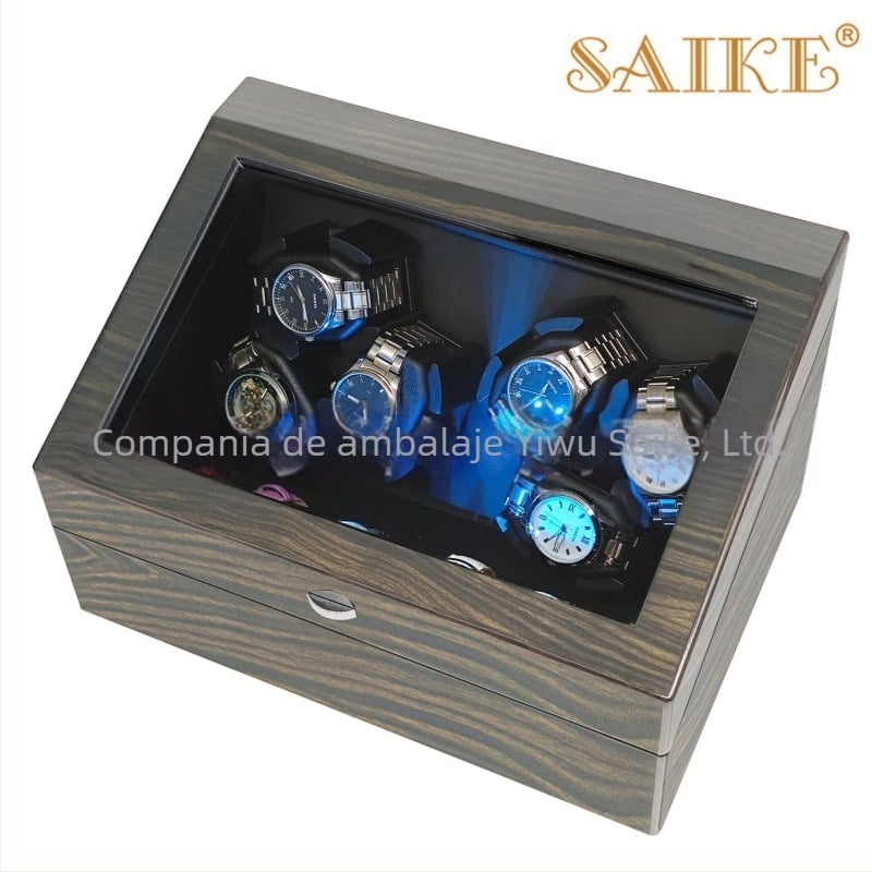 Casetă pentru învârtirea ceasurilor automate mecanice, din MDF, finisaj lucios, 6 poziții pentru ceasuri și 6 compartimente de depozitare.