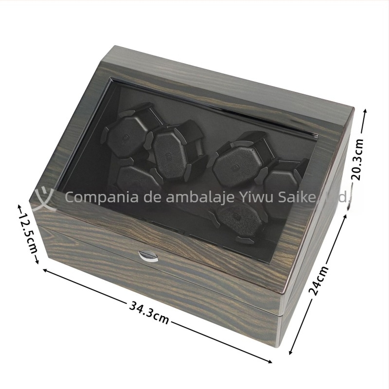 Casetă pentru învârtirea ceasurilor automate mecanice, din MDF, finisaj lucios, 6 poziții pentru ceasuri și 6 compartimente de depozitare.