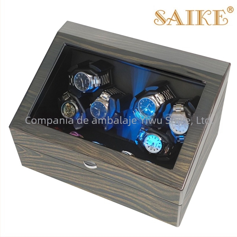 Casetă pentru învârtirea ceasurilor automate mecanice, din MDF, finisaj lucios, 6 poziții pentru ceasuri și 6 compartimente de depozitare.