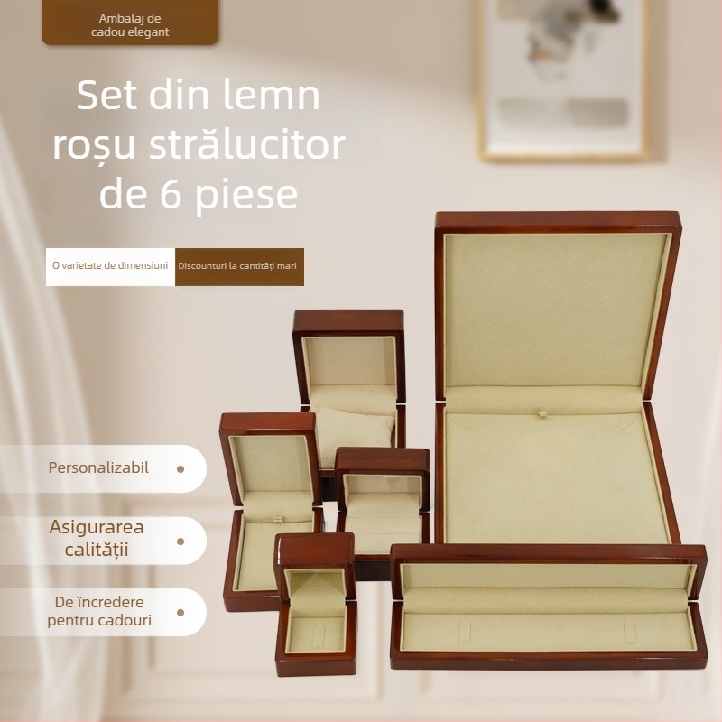 Set din lemn pentru bijuterii, format din șase piese – cutie pentru ceasuri, colier, brățară și pandantiv