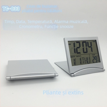 Ceas de alarmă electronic TC033 cu afișaj LCD, calendar perpetuu, numărătoare inversă și snooze; alimentat cu baterie