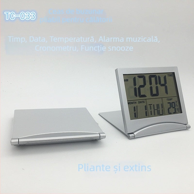 Ceas de alarmă electronic TC033 cu afișaj LCD, calendar perpetuu, numărătoare inversă și snooze; alimentat cu baterie