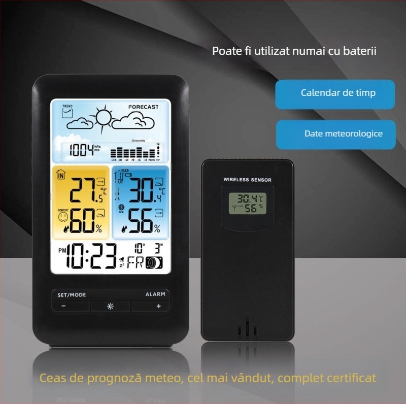 Ceas deșteptător cu măsurarea temperaturii și a umidității în interior și în exterior, prognoză meteo, calendar perpetuu, faze ale lunii, afișaj LCD