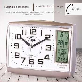 Ceas deșteptător silențios cu calendar perpetuu, lumină de noapte, termometru și funcție de snooze — ceas de noptiere