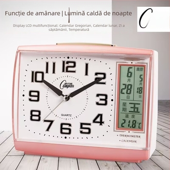 Ceas deșteptător silențios cu calendar perpetuu, lumină de noapte, termometru și funcție de snooze — ceas de noptiere