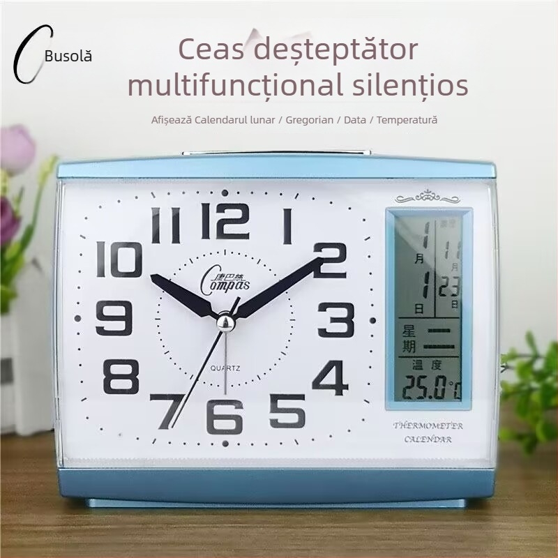 Ceas deșteptător silențios cu calendar perpetuu, lumină de noapte, termometru și funcție de snooze — ceas de noptiere