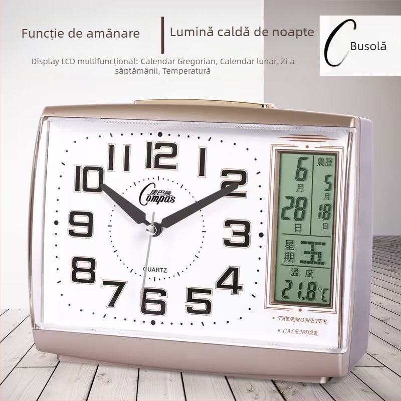 Ceas deșteptător silențios cu calendar perpetuu, lumină de noapte, termometru și funcție de snooze — ceas de noptiere