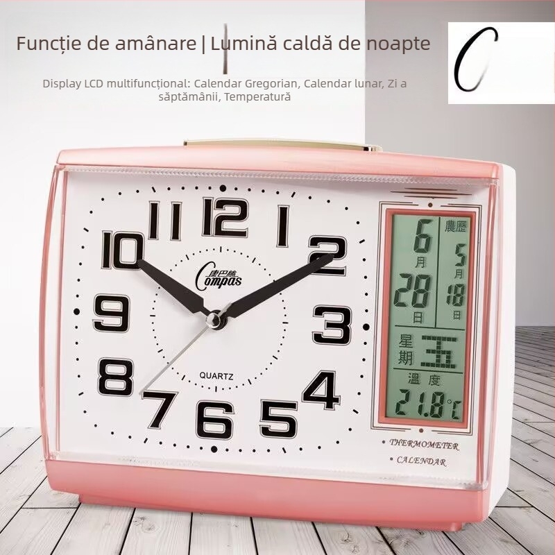 Ceas deșteptător silențios cu calendar perpetuu, lumină de noapte, termometru și funcție de snooze — ceas de noptiere