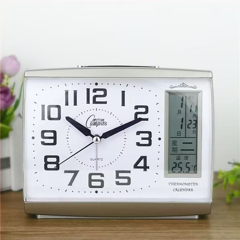 Ceas deșteptător silențios cu calendar perpetuu, lumină de noapte, termometru și funcție de snooze — ceas de noptiere