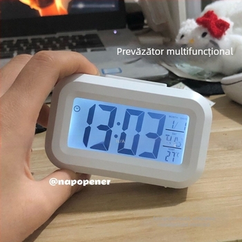 Ceas deșteptător mini luminos cu afișaj LCD numeric, funcționare silențioasă, portabil și compact pentru birou, baterie uscată, carcasă din plastic, design simplu și modern