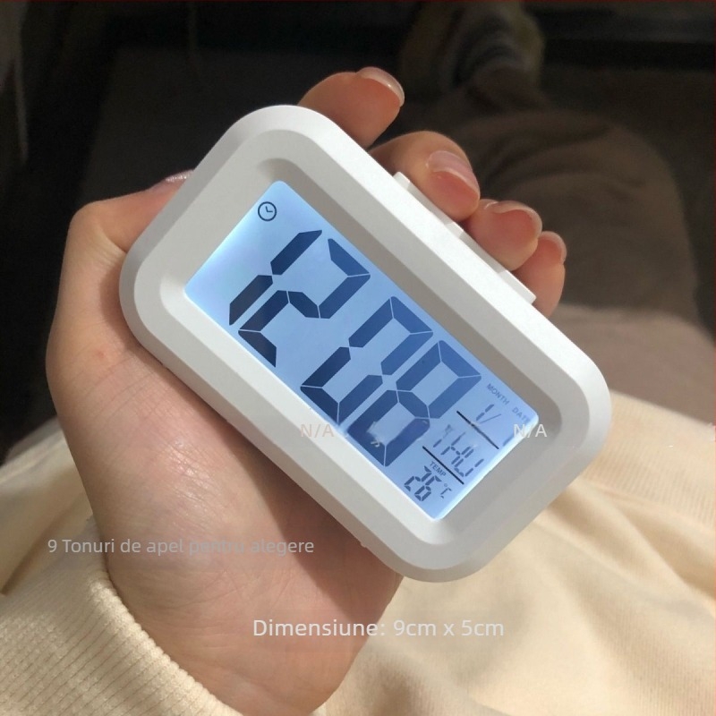 Ceas deșteptător mini luminos cu afișaj LCD numeric, funcționare silențioasă, portabil și compact pentru birou, baterie uscată, carcasă din plastic, design simplu și modern