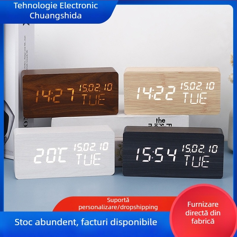 Ceas de alarmă cu afișaj LED numeric, carcasă din lemn, luminos, termometru și calendar perpetuu