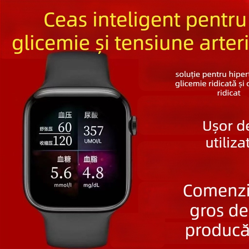 Ceas inteligent non-invaziv pentru monitorizarea glicemiei și tensiunii arteriale, cu monitorizare a ritmului cardiac, a acidului uric și a somnului