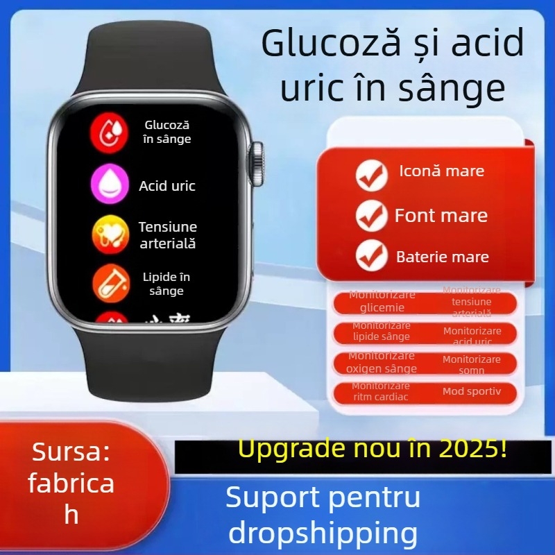 Ceas inteligent non-invaziv pentru monitorizarea glicemiei și tensiunii arteriale, cu monitorizare a ritmului cardiac, a acidului uric și a somnului