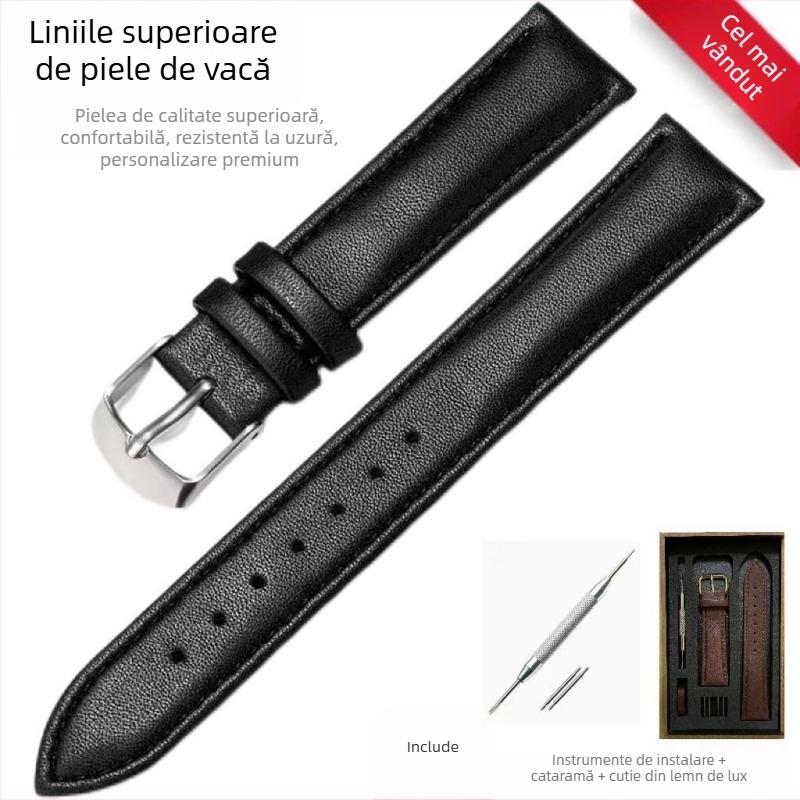 Bandă de ceas din piele naturală, unisex, cataramă cu știft, impermeabilă, textură țesut plat, set în cutie din lemn — Vara 2021