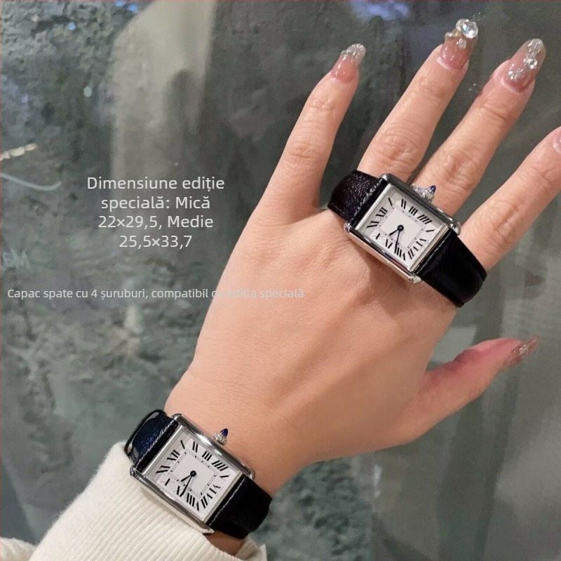 Ceas de damă în stil coreean, cu aspect vintage, ceas pătrat de tip tank, cuarț, mișcare Swiss ETA, cristal safir, carcasă din oțel, rezistență la apă 30 m