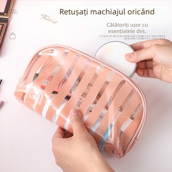 Geantă cosmetică de călătorie, impermeabilă, ultra-ușoară, cu capacitate mare, căptușeală PVC cu dungi, interior antibacterian
