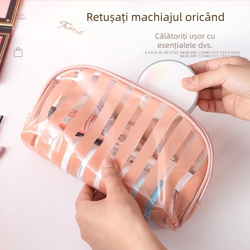 Geantă cosmetică de călătorie, impermeabilă, ultra-ușoară, cu capacitate mare, căptușeală PVC cu dungi, interior antibacterian