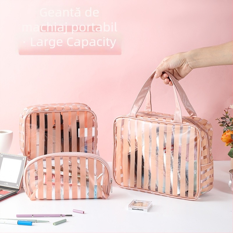 Geantă cosmetică de călătorie, impermeabilă, ultra-ușoară, cu capacitate mare, căptușeală PVC cu dungi, interior antibacterian