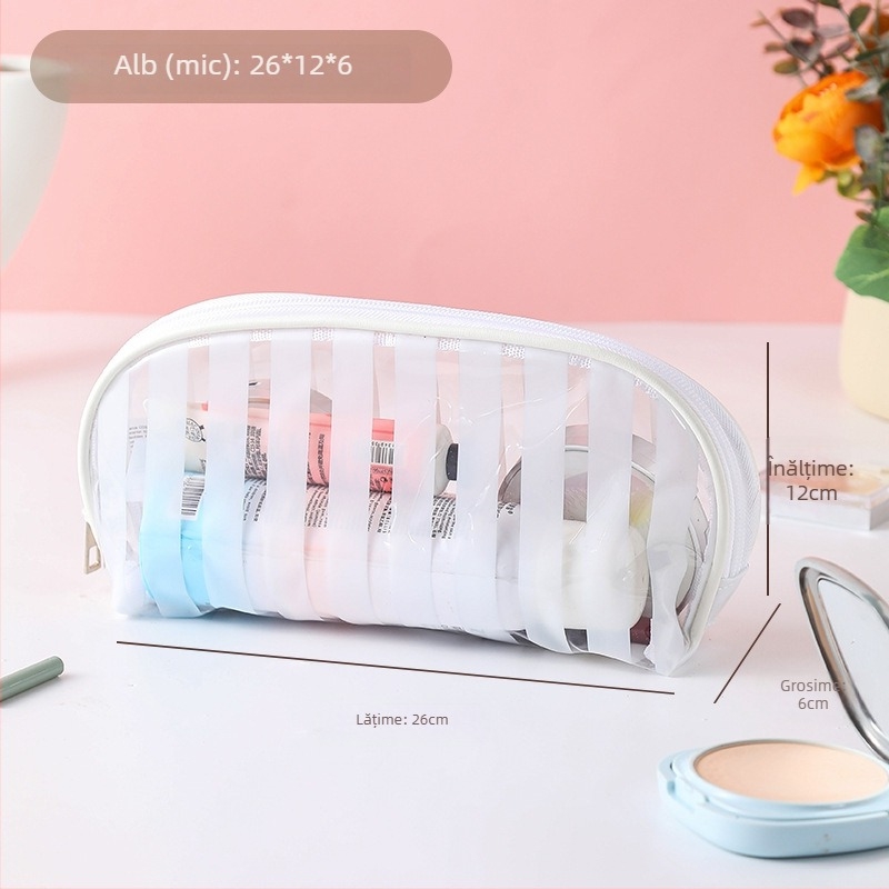 Geantă cosmetică de călătorie, impermeabilă, ultra-ușoară, cu capacitate mare, căptușeală PVC cu dungi, interior antibacterian