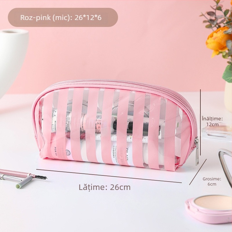 Geantă cosmetică de călătorie, impermeabilă, ultra-ușoară, cu capacitate mare, căptușeală PVC cu dungi, interior antibacterian