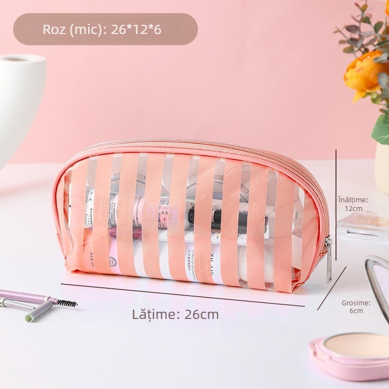 Geantă cosmetică de călătorie, impermeabilă, ultra-ușoară, cu capacitate mare, căptușeală PVC cu dungi, interior antibacterian