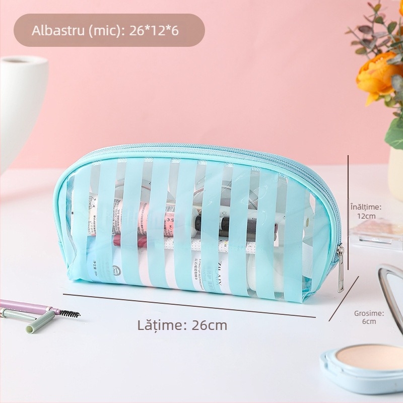 Geantă cosmetică de călătorie, impermeabilă, ultra-ușoară, cu capacitate mare, căptușeală PVC cu dungi, interior antibacterian