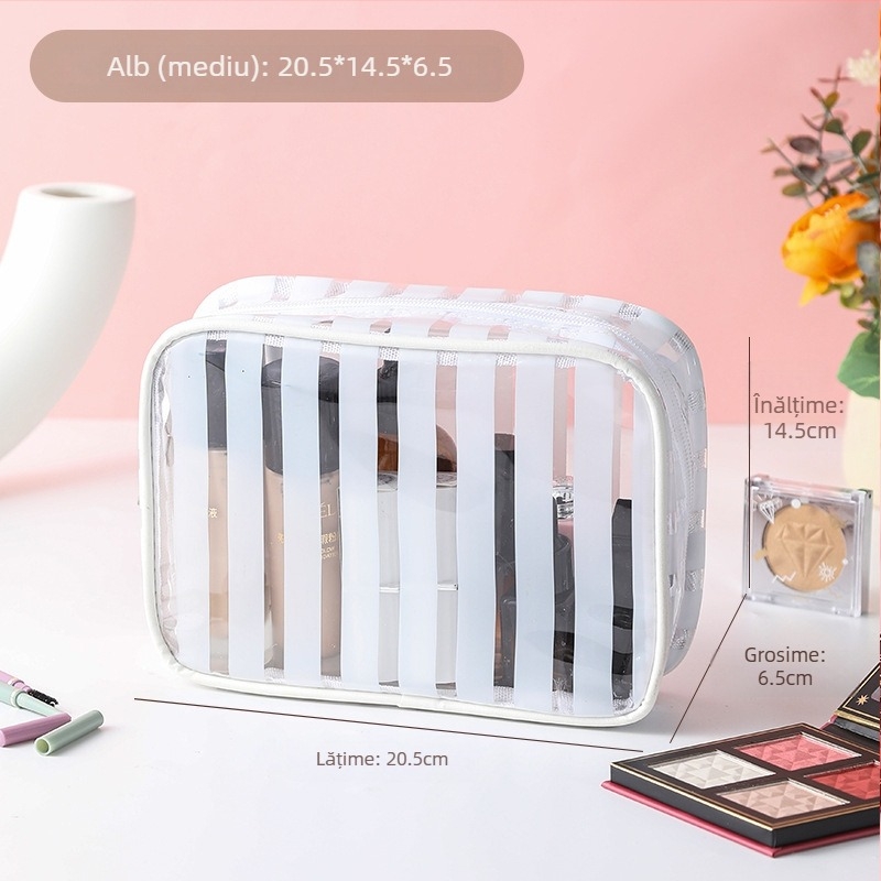 Geantă cosmetică de călătorie, impermeabilă, ultra-ușoară, cu capacitate mare, căptușeală PVC cu dungi, interior antibacterian