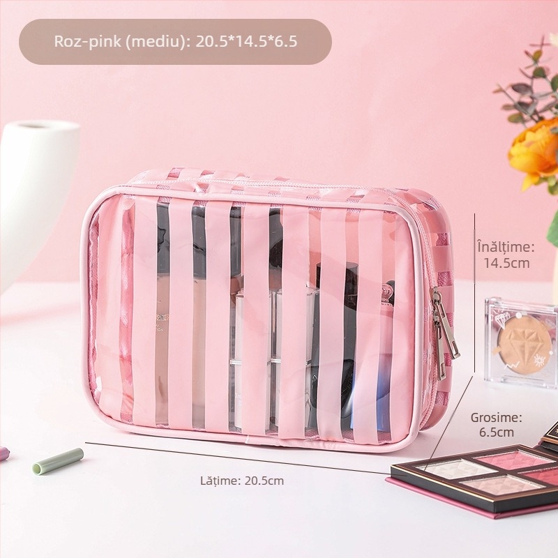 Geantă cosmetică de călătorie, impermeabilă, ultra-ușoară, cu capacitate mare, căptușeală PVC cu dungi, interior antibacterian