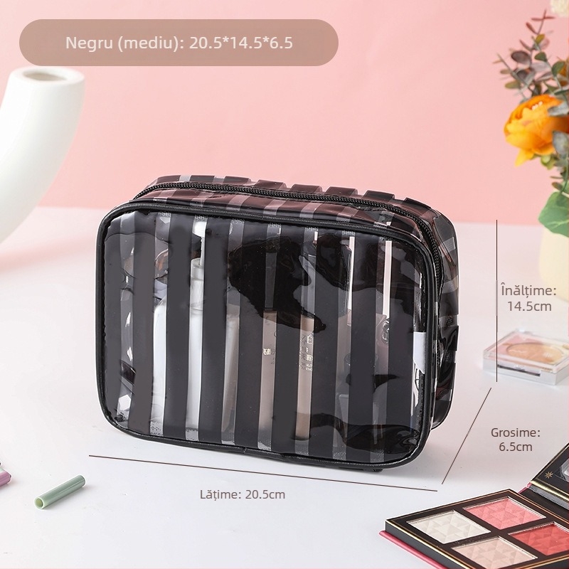 Geantă cosmetică de călătorie, impermeabilă, ultra-ușoară, cu capacitate mare, căptușeală PVC cu dungi, interior antibacterian