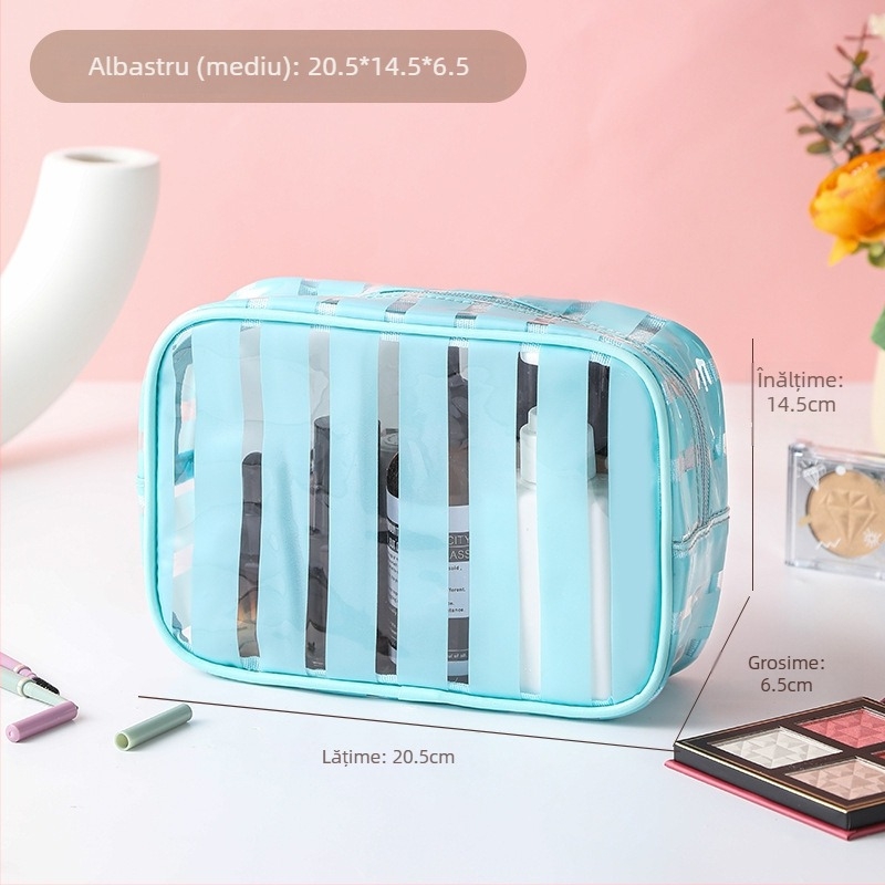 Geantă cosmetică de călătorie, impermeabilă, ultra-ușoară, cu capacitate mare, căptușeală PVC cu dungi, interior antibacterian