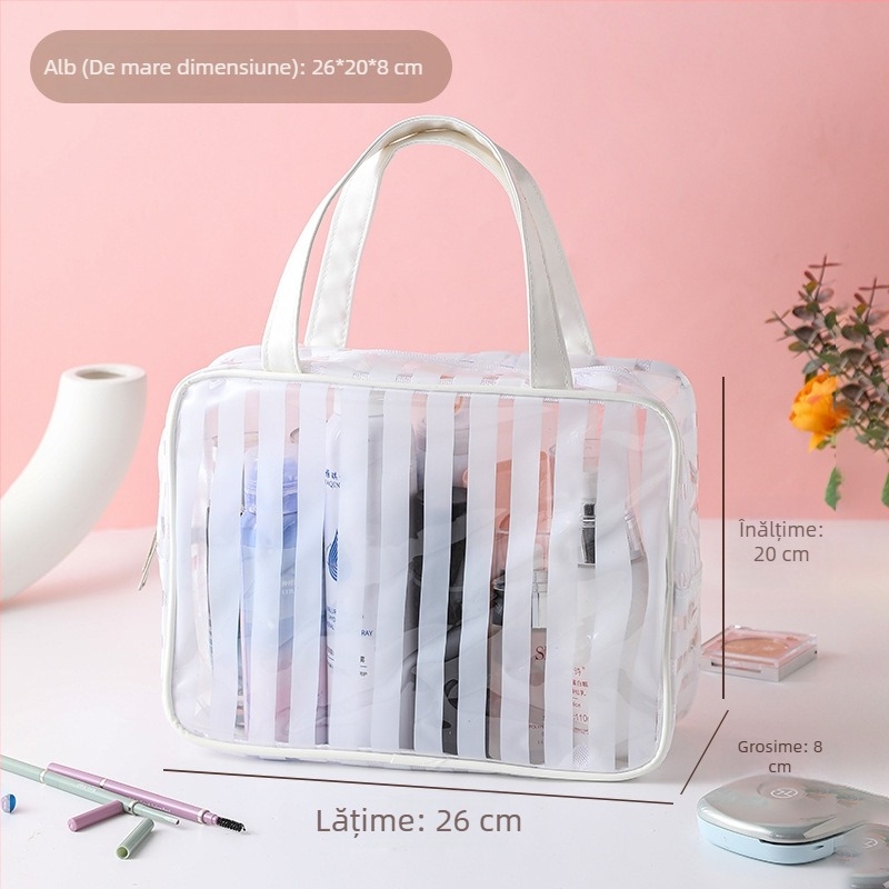 Geantă cosmetică de călătorie, impermeabilă, ultra-ușoară, cu capacitate mare, căptușeală PVC cu dungi, interior antibacterian