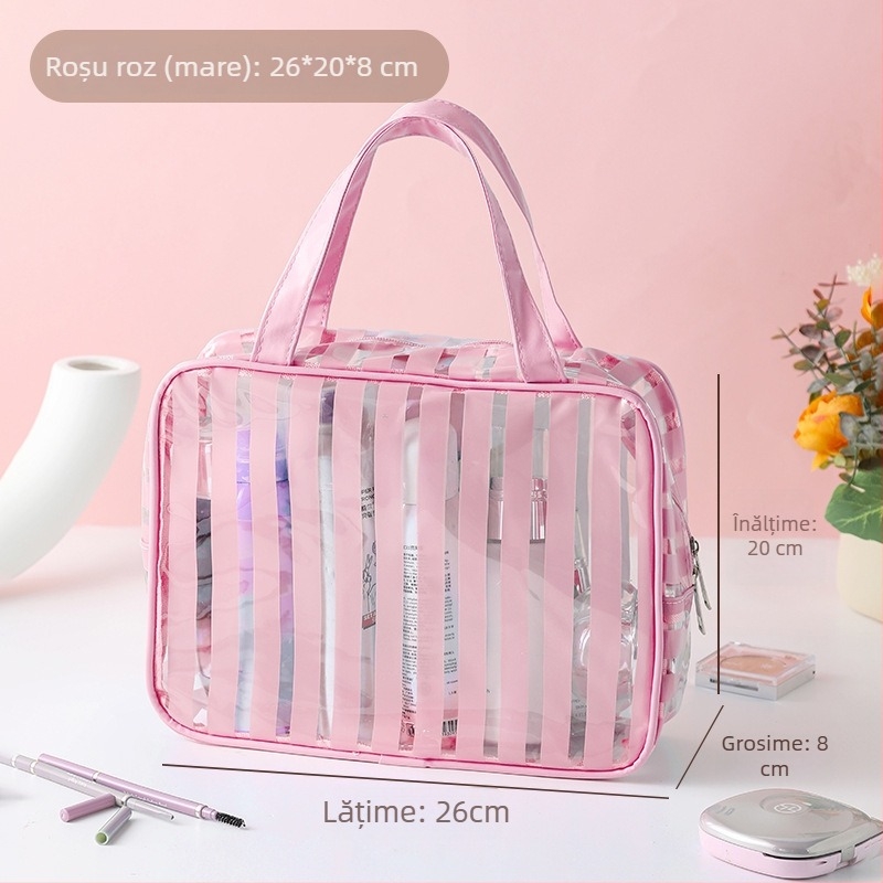 Geantă cosmetică de călătorie, impermeabilă, ultra-ușoară, cu capacitate mare, căptușeală PVC cu dungi, interior antibacterian