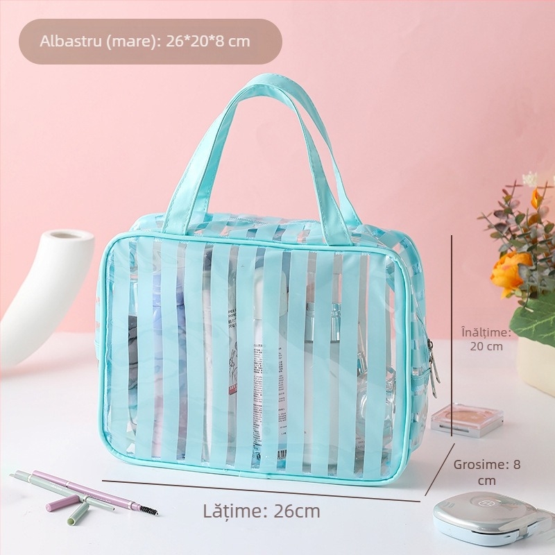 Geantă cosmetică de călătorie, impermeabilă, ultra-ușoară, cu capacitate mare, căptușeală PVC cu dungi, interior antibacterian