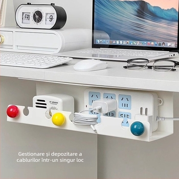 Organizator de cabluri montat pe perete și suport pentru prize sub birou — Design modern minimalist