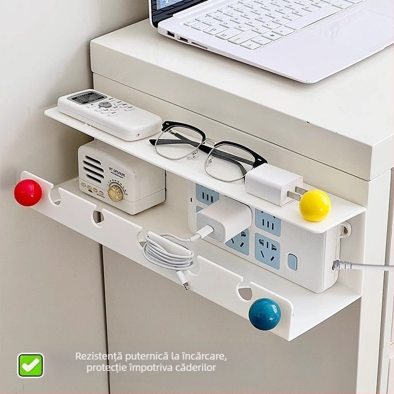 Organizator de cabluri montat pe perete și suport pentru prize sub birou — Design modern minimalist