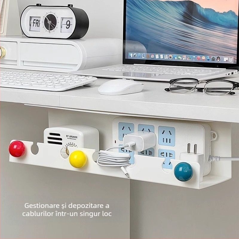 Organizator de cabluri montat pe perete și suport pentru prize sub birou — Design modern minimalist