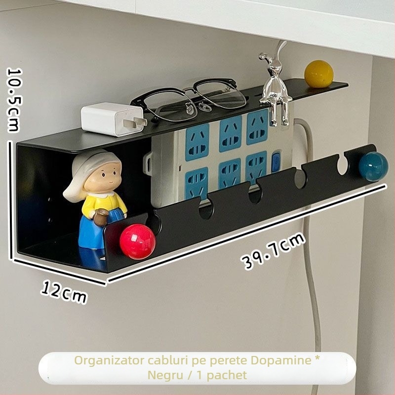 Organizator de cabluri montat pe perete și suport pentru prize sub birou — Design modern minimalist