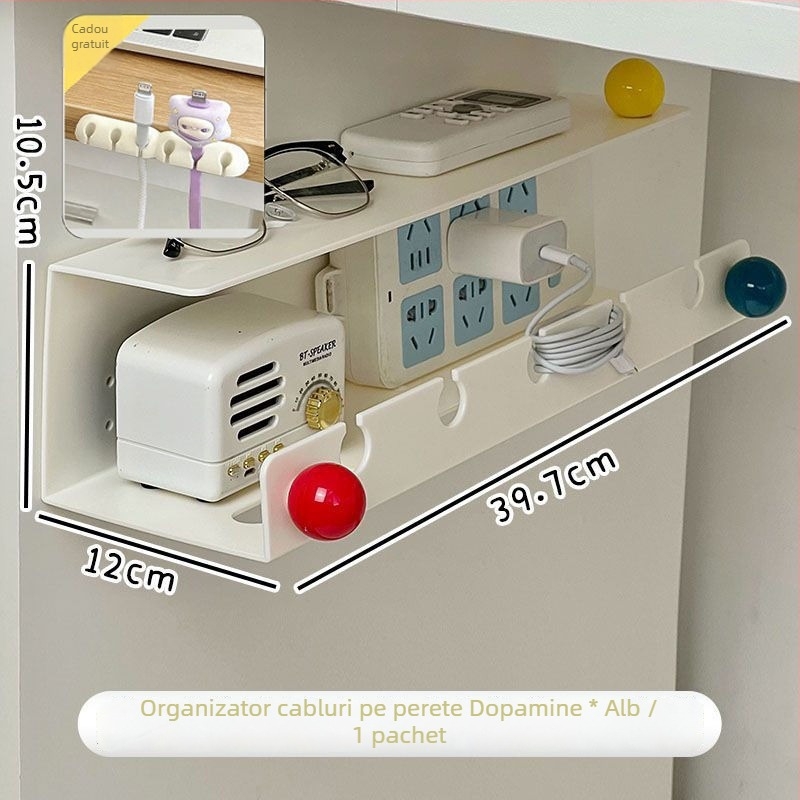Organizator de cabluri montat pe perete și suport pentru prize sub birou — Design modern minimalist