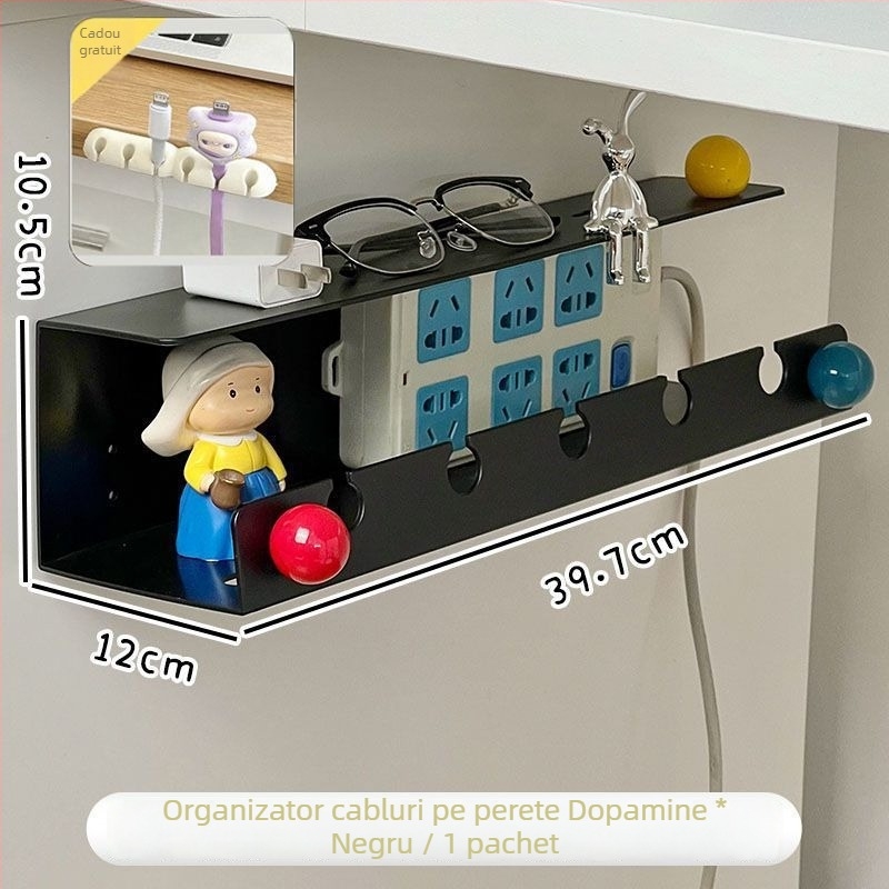Organizator de cabluri montat pe perete și suport pentru prize sub birou — Design modern minimalist