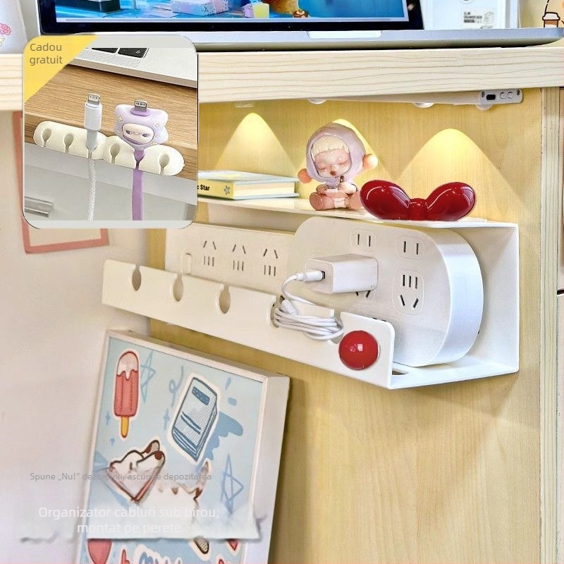 Organizator de cabluri montat pe perete și suport pentru prize sub birou — Design modern minimalist