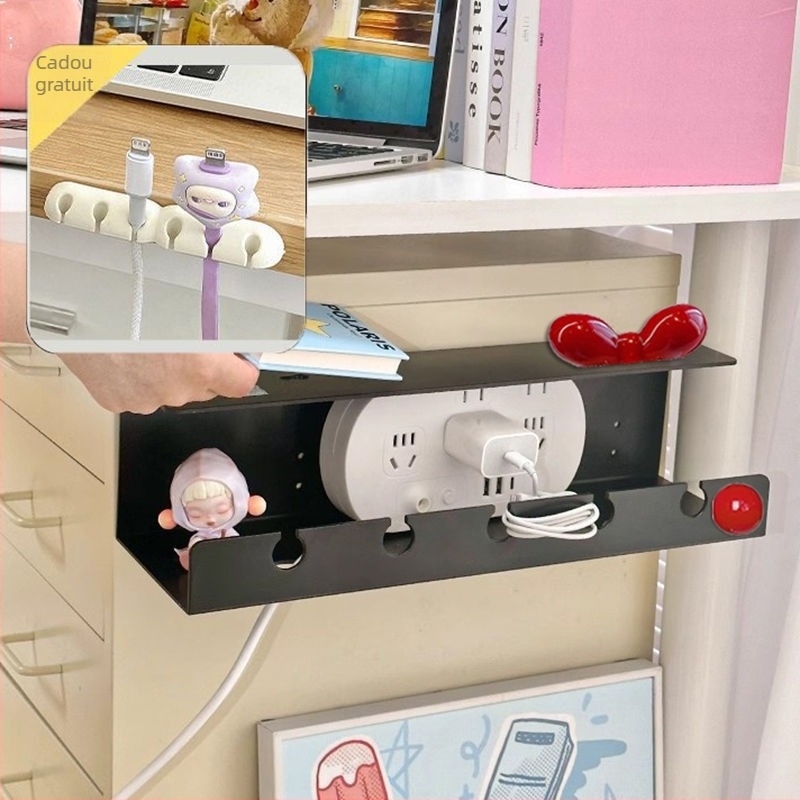 Organizator de cabluri montat pe perete și suport pentru prize sub birou — Design modern minimalist