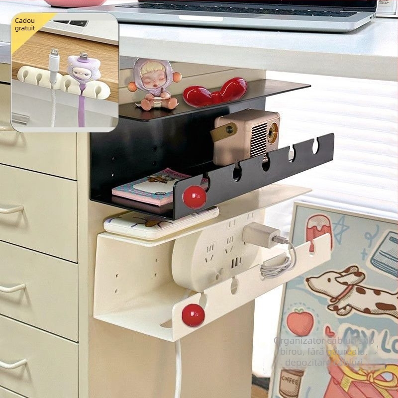 Organizator de cabluri montat pe perete și suport pentru prize sub birou — Design modern minimalist