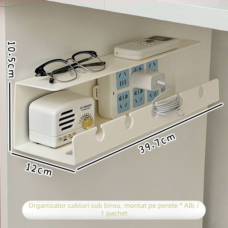 Organizator de cabluri montat pe perete și suport pentru prize sub birou — Design modern minimalist