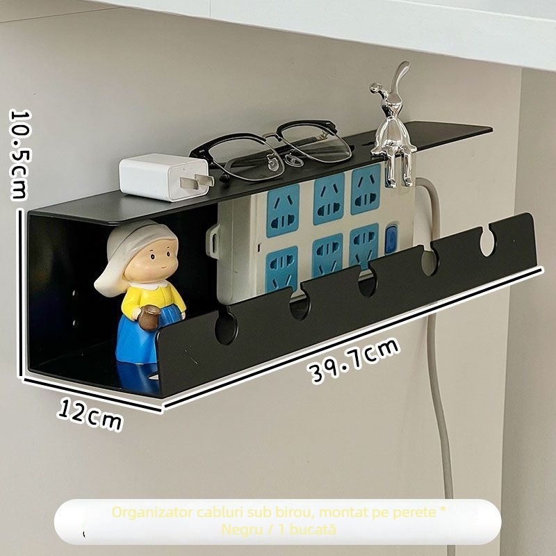 Organizator de cabluri montat pe perete și suport pentru prize sub birou — Design modern minimalist