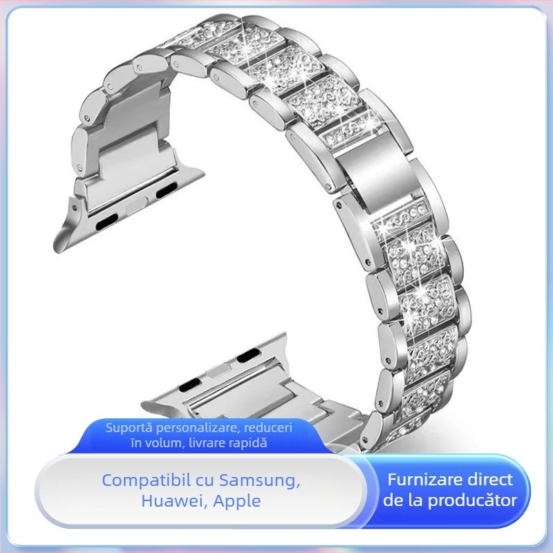 Brățară metalică cu diamante pentru ceasuri Apple, Samsung, Huawei și Xiaomi; interfață de 20 mm; cataramă cu buton; stil modern